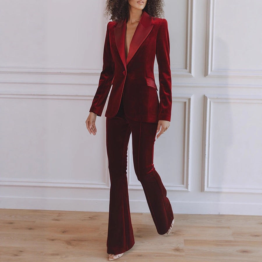 Delphine | Women's Single-Button Blazer Flare Trouser Set, Contrast Lapel Two-Piece Suit | Animated Apparel | Black