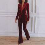 Delphine | Women's Single-Button Blazer Flare Trouser Set, Contrast Lapel Two-Piece Suit | Animated Apparel | Black