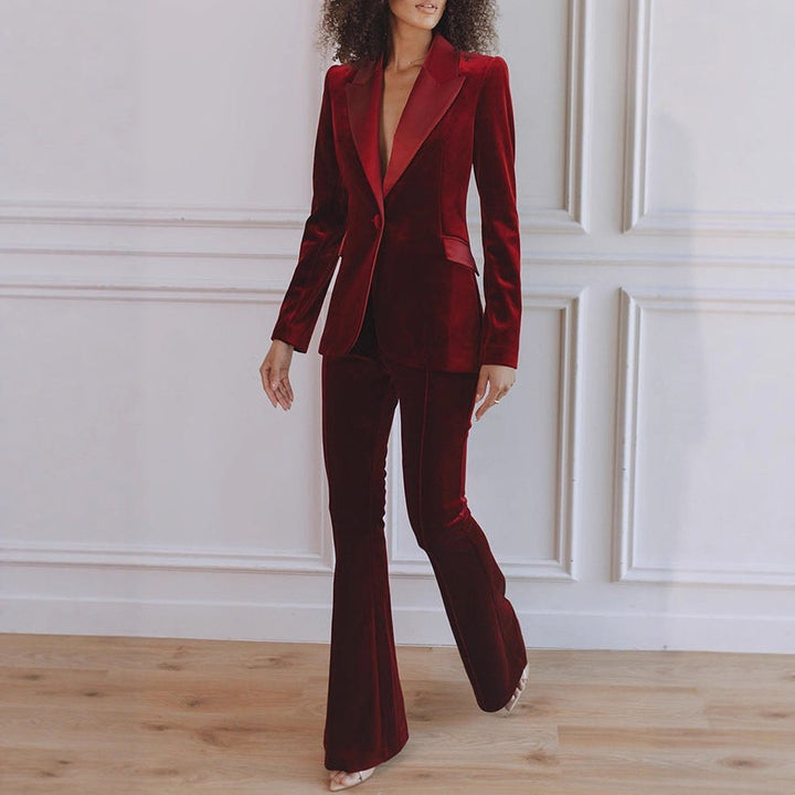 Delphine | Women's Single-Button Blazer Flare Trouser Set, Contrast Lapel Two-Piece Suit | Animated Apparel | Black