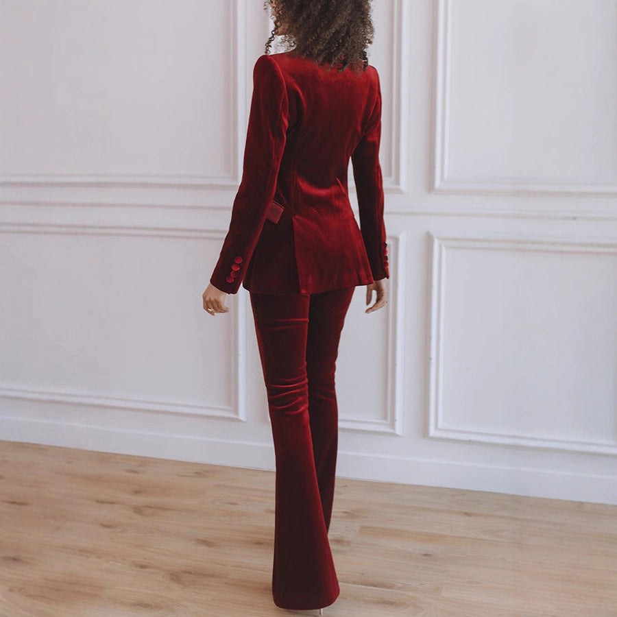 Delphine | Women's Single-Button Blazer Flare Trouser Set, Contrast Lapel Two-Piece Suit | Animated Apparel