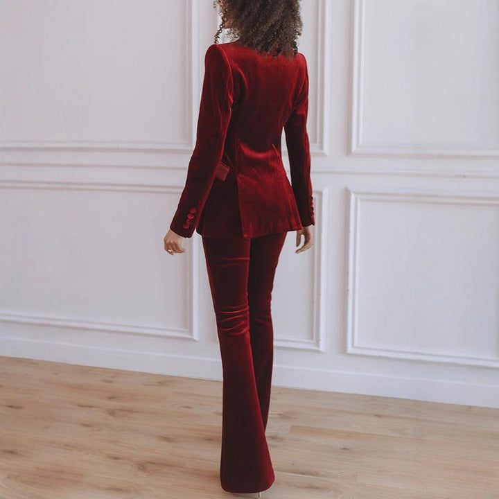Delphine | Women's Single-Button Blazer Flare Trouser Set, Contrast Lapel Two-Piece Suit | Animated Apparel