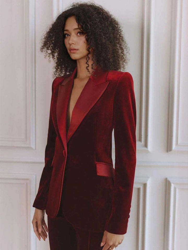 Delphine | Women's Single-Button Blazer Flare Trouser Set, Contrast Lapel Two-Piece Suit | Animated Apparel