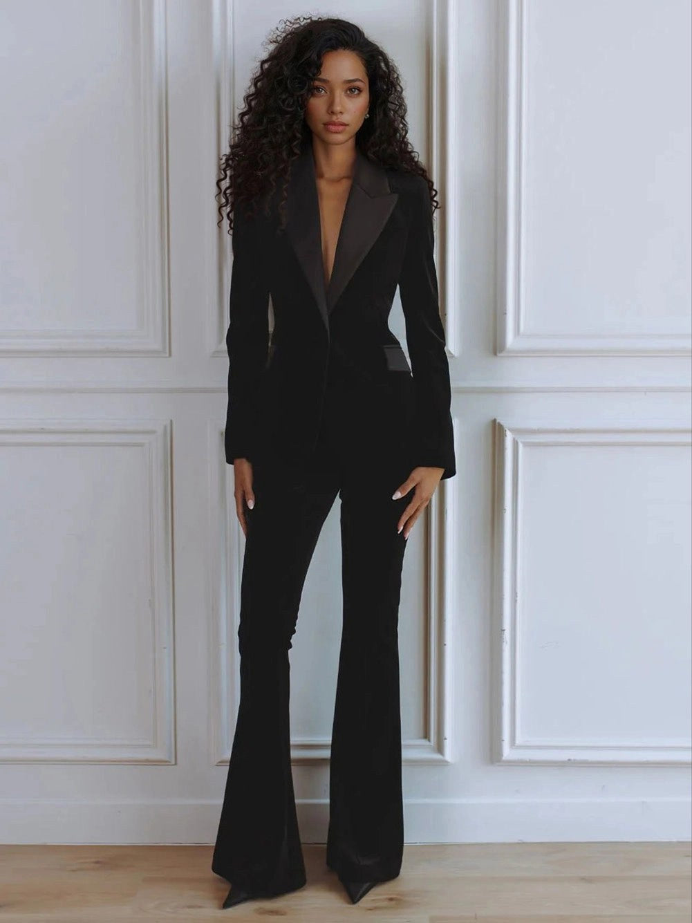 Delphine | Women's Single-Button Blazer Flare Trouser Set, Contrast Lapel Two-Piece Suit | Animated Apparel