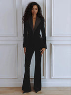 Delphine | Women's Single-Button Blazer Flare Trouser Set, Contrast Lapel Two-Piece Suit | Animated Apparel