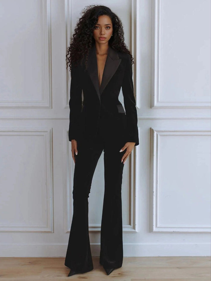 Delphine | Women's Single-Button Blazer Flare Trouser Set, Contrast Lapel Two-Piece Suit | Animated Apparel