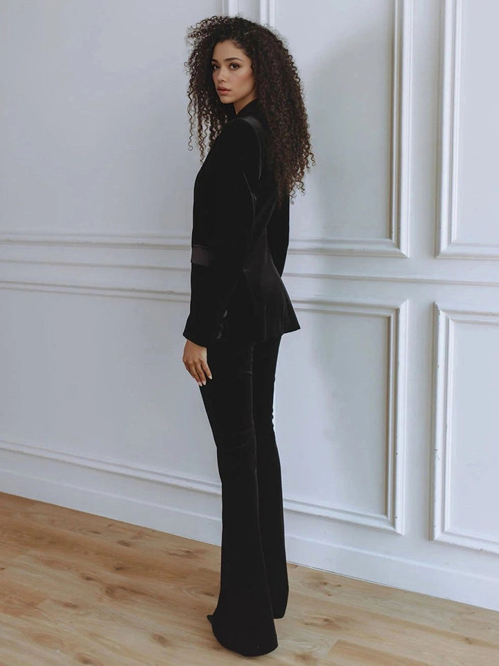 Delphine | Women's Single-Button Blazer Flare Trouser Set, Contrast Lapel Two-Piece Suit | Animated Apparel