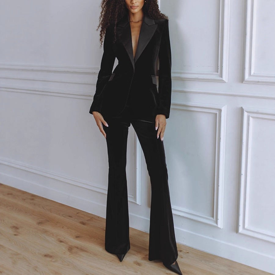 Delphine | Women's Single-Button Blazer Flare Trouser Set, Contrast Lapel Two-Piece Suit | Animated Apparel