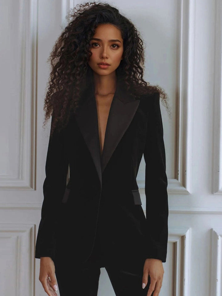 Delphine | Women's Single-Button Blazer Flare Trouser Set, Contrast Lapel Two-Piece Suit | Animated Apparel