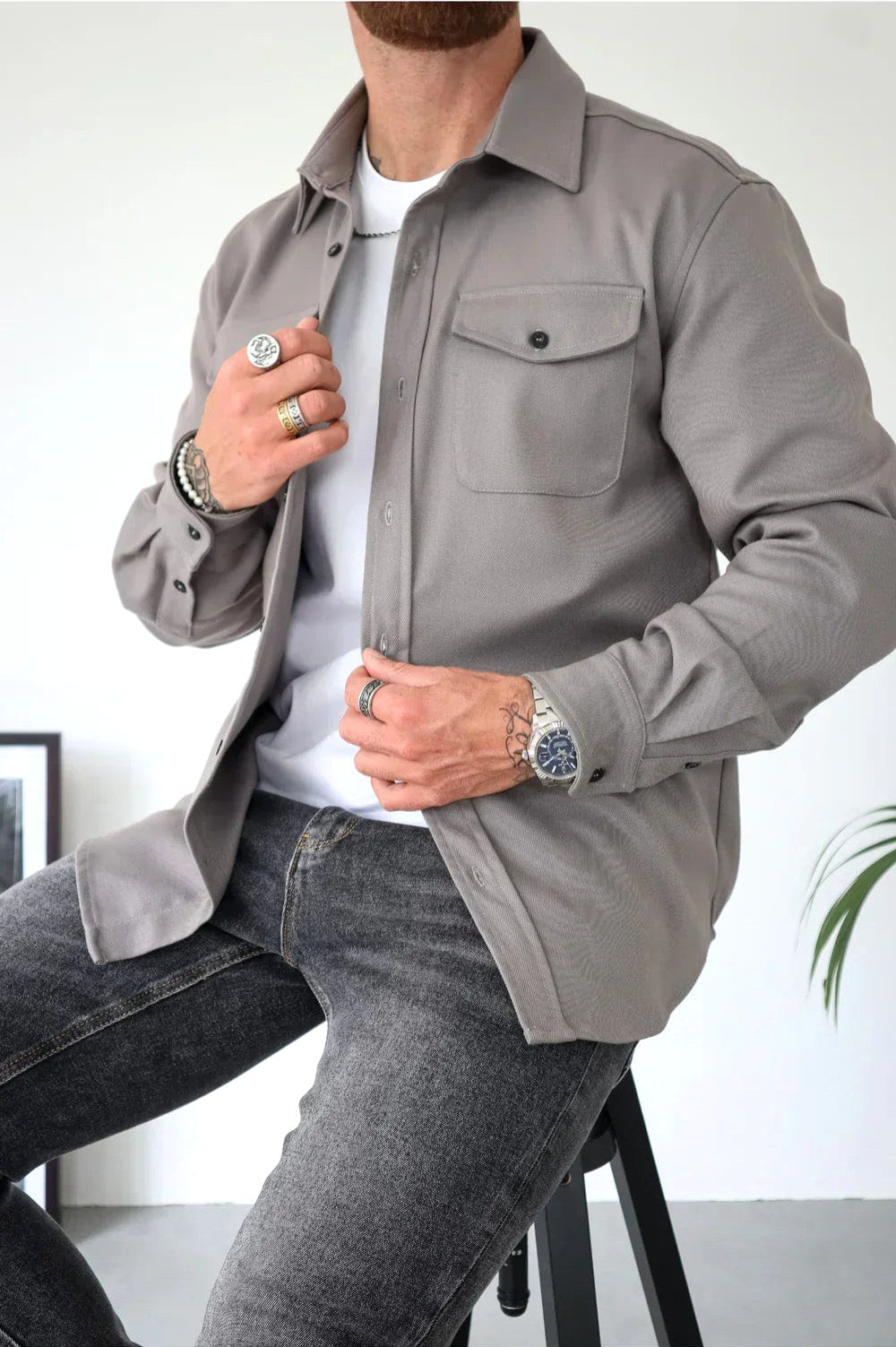 Dominic | Men's Long Sleeve Button-Up Shirt Jacket, Relaxed-Fit Overshirt | Animated Apparel | Grey