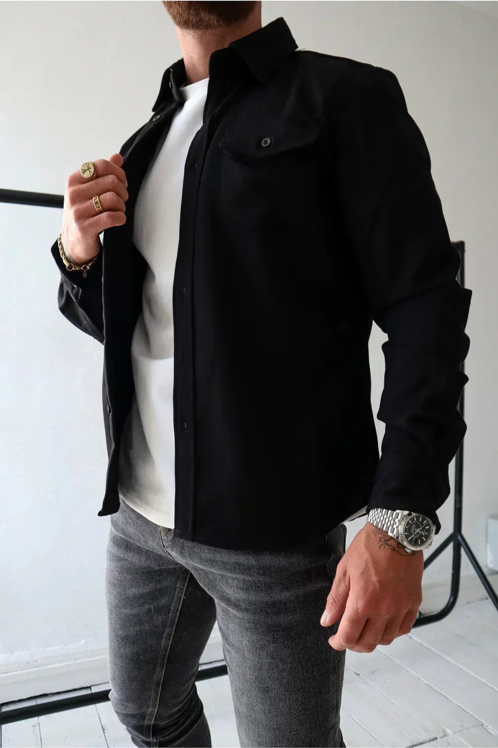 Dominic | Men's Long Sleeve Button-Up Shirt Jacket, Relaxed-Fit Overshirt | Animated Apparel | Dark Grey