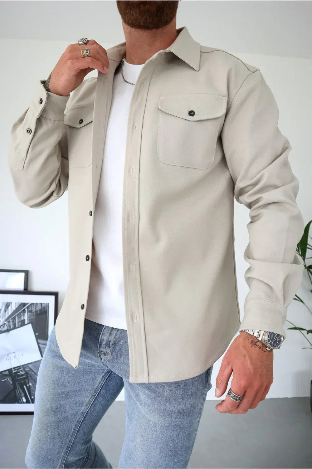 Dominic | Men's Long Sleeve Button-Up Shirt Jacket, Relaxed-Fit Overshirt | Animated Apparel | Stone