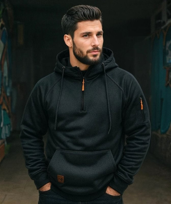 Dylan | Men's Half-Zip Hooded Pullover, Kangaroo Pocket Hoodie | Animated Apparel | Dark Gray
