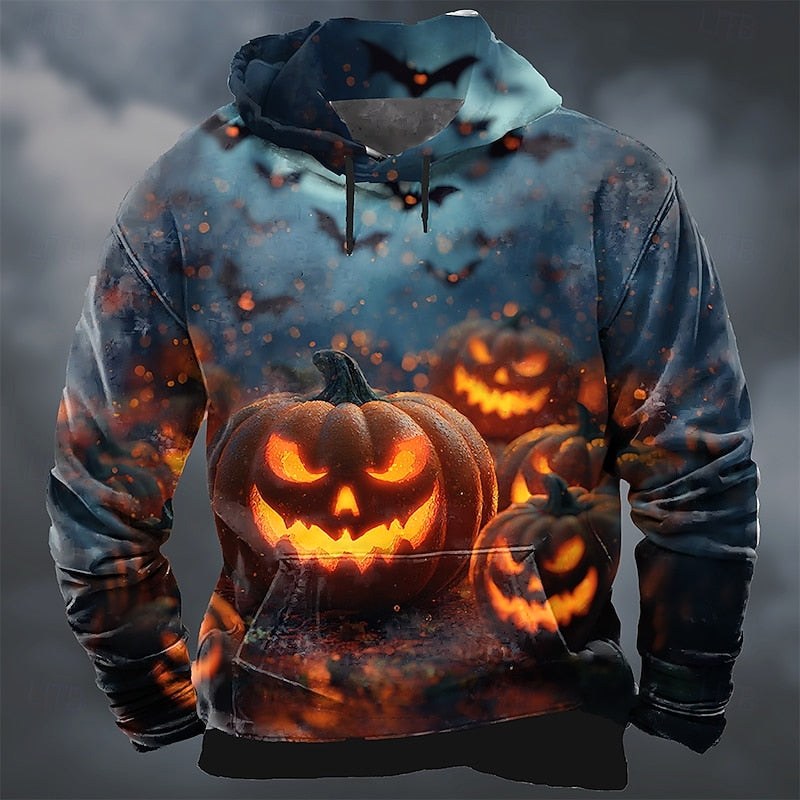 Dylan | Men's Halloween Pumpkin Print Hoodie, Relaxed-Fit Autumn Sweatshirt | Animated Apparel | Orange