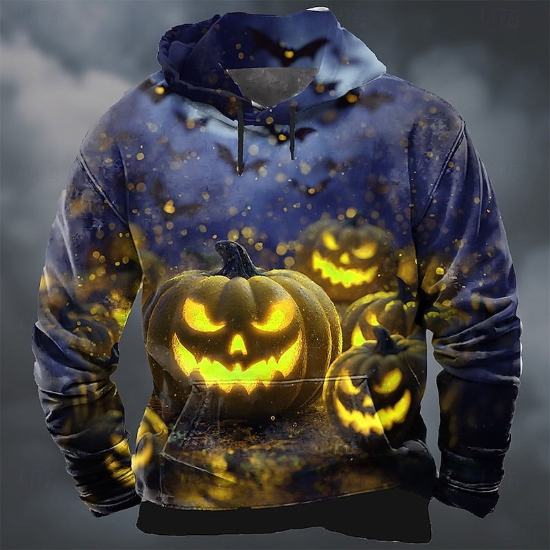 Dylan | Men's Halloween Pumpkin Print Hoodie, Relaxed-Fit Autumn Sweatshirt | Animated Apparel | Yellow
