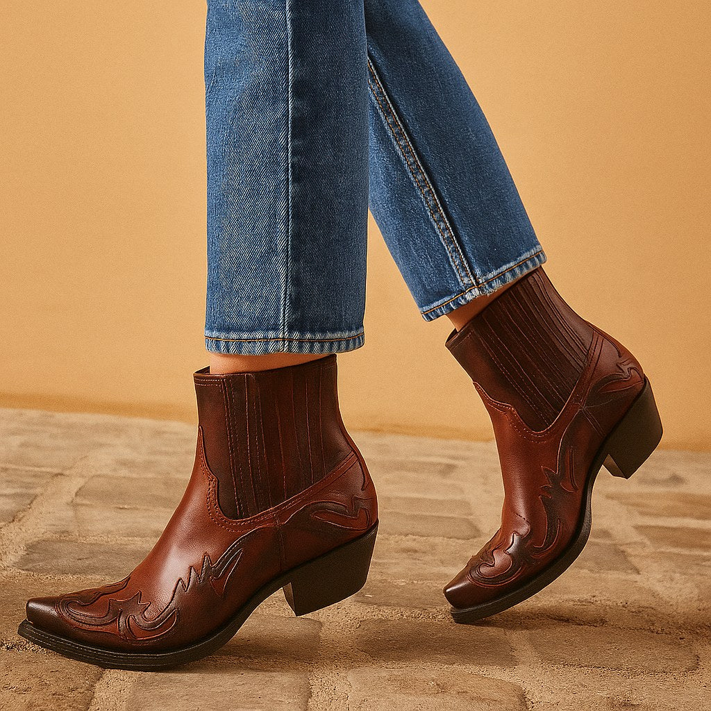 Edith | Women's Leather Cowboy Boots, Western Style Ankle Boots | Animated Apparel