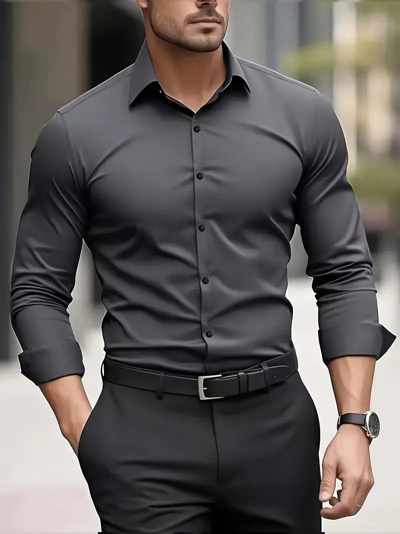 Edward | Men's Long-Sleeved Breathable Shirt, Slim-Fit Smart Shirt | Animated Apparel | Dark grey