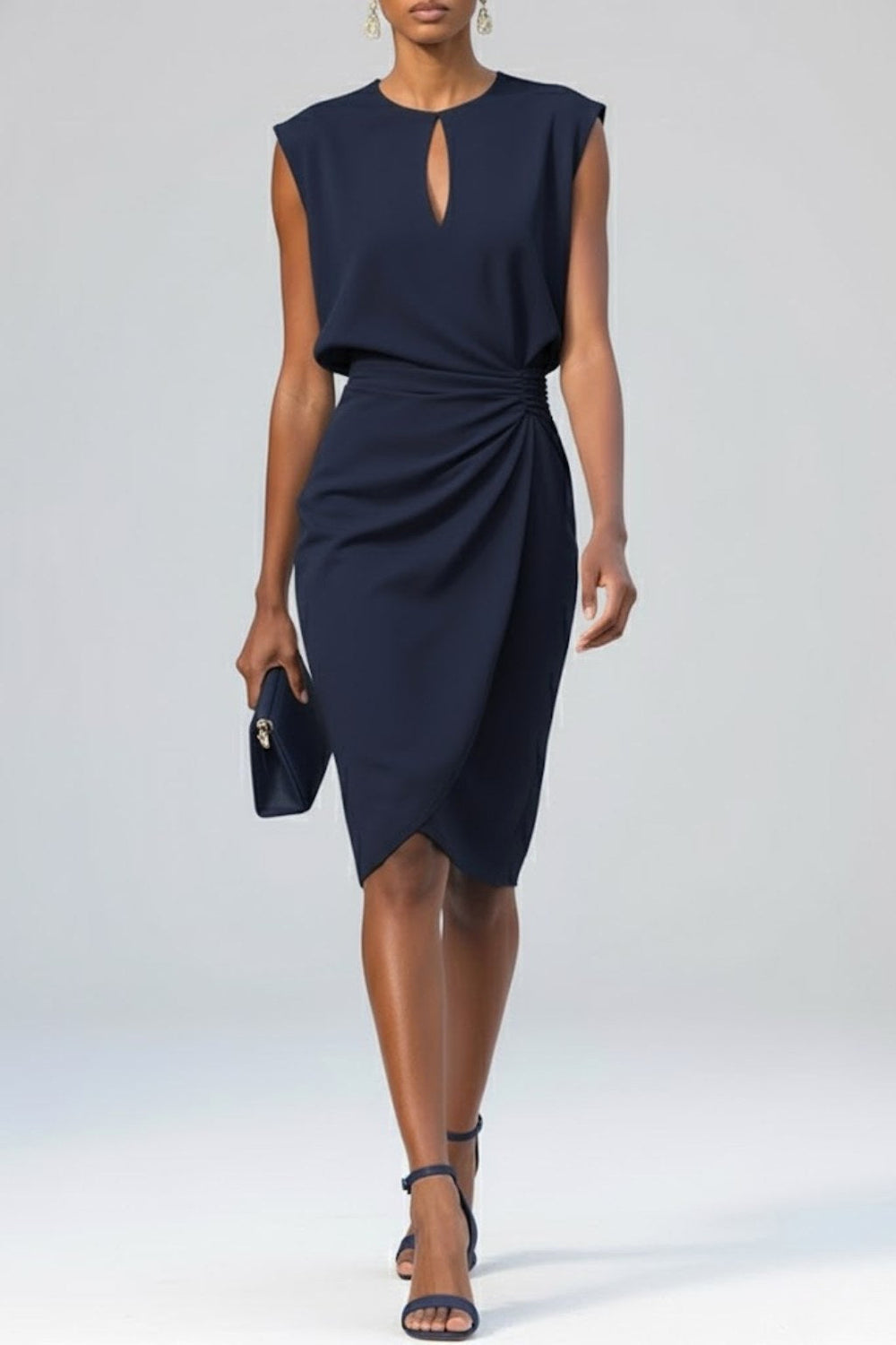 Elaina | Women's Ruched Midi Dress - Navy Blue