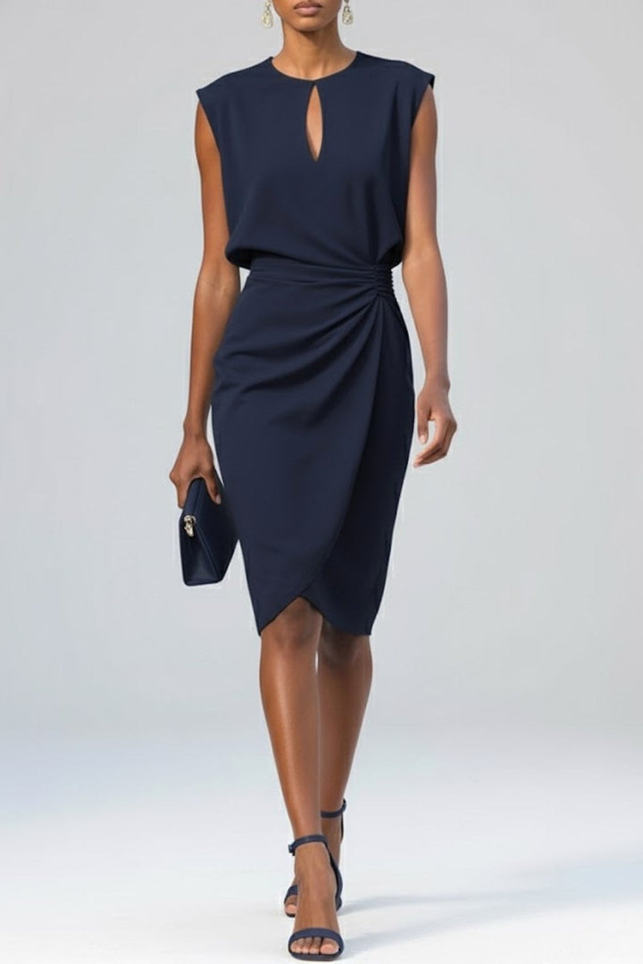 Elaina | Women's Ruched Midi Dress - Navy Blue