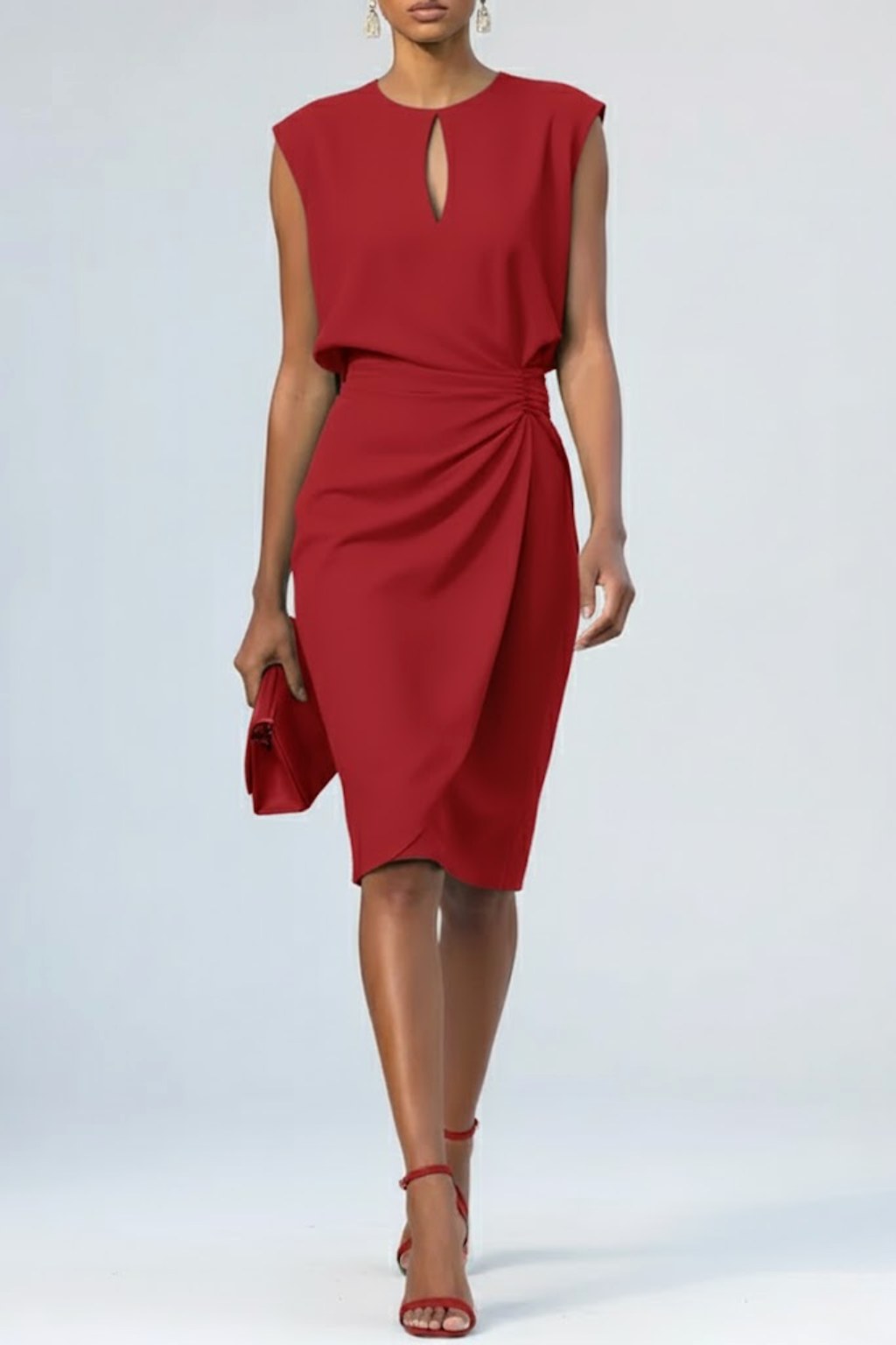 Elaina | Women's Ruched Midi Dress - Red