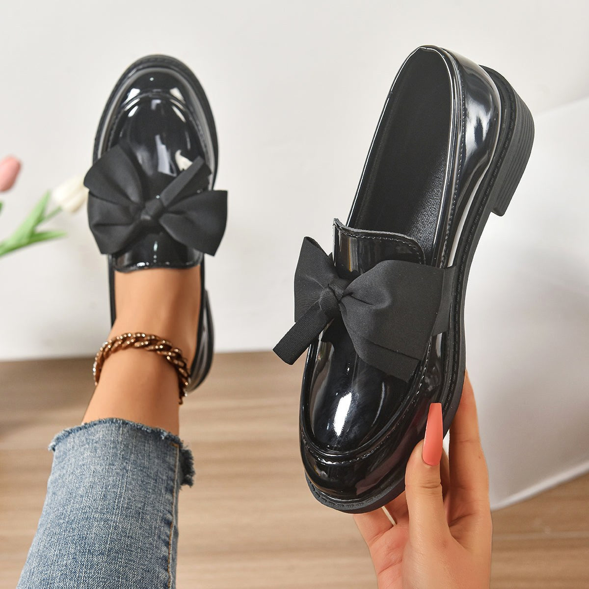 Ella | Women's Slip-On Shoes with Round Toe and Knot Detail, Platform Slip-On Shoes | Animated Apparel