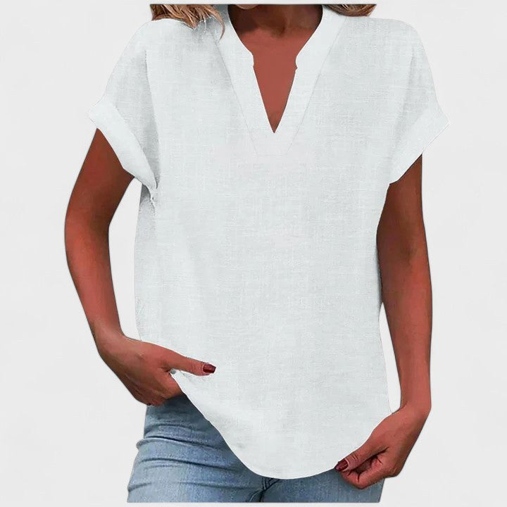 Eliana | Women's V-Neck Short Sleeve Blouse - White