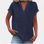 Eliana | Women's V-Neck Short Sleeve Blouse - Blue