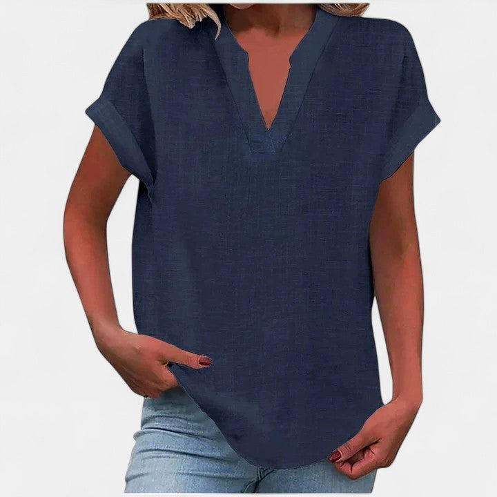 Eliana | Women's V-Neck Short Sleeve Blouse - Blue