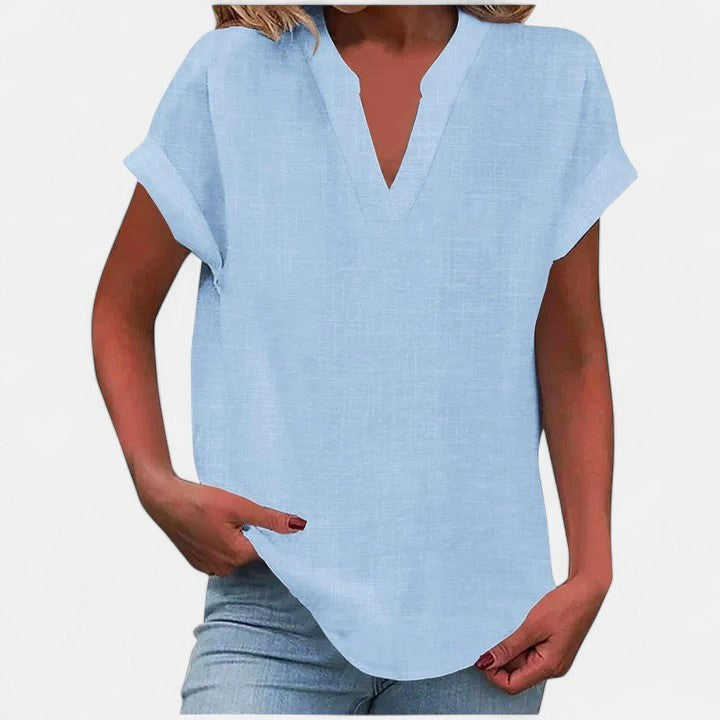 Eliana | Women's V-Neck Short Sleeve Blouse - Brown