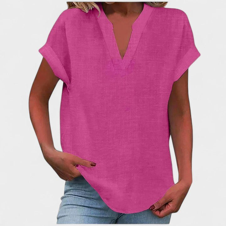 Eliana | Women's V-Neck Short Sleeve Blouse - Beige