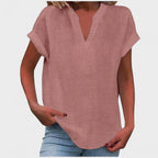 Eliana | Women's V-Neck Short Sleeve Blouse - Bright Pink