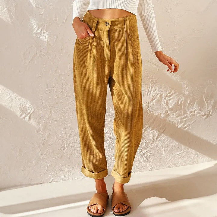 Eliane | Women's High-Waist Wide-Leg Corduroy Trousers, Pleated Front Trousers | Animated Apparel | Khaki