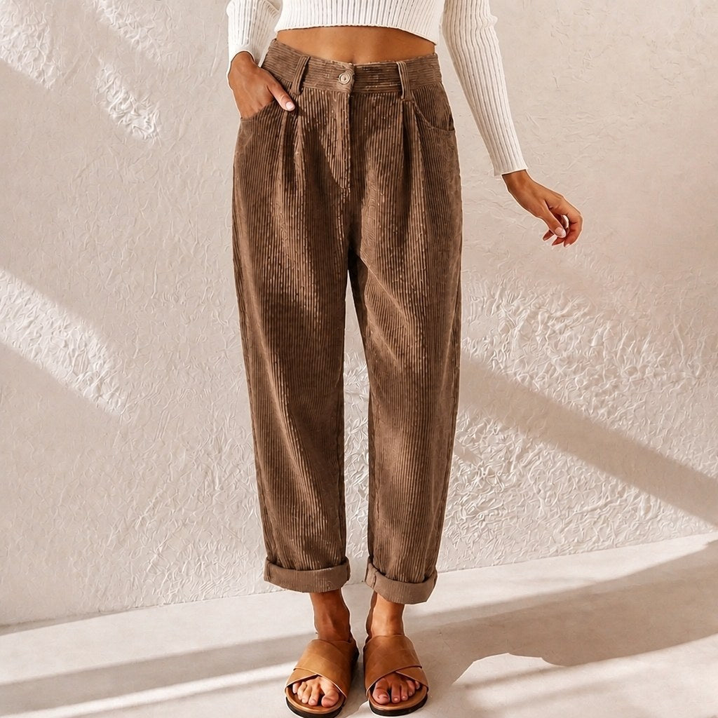 Eliane | Women's High-Waist Wide-Leg Corduroy Trousers, Pleated Front Trousers | Animated Apparel | Blue