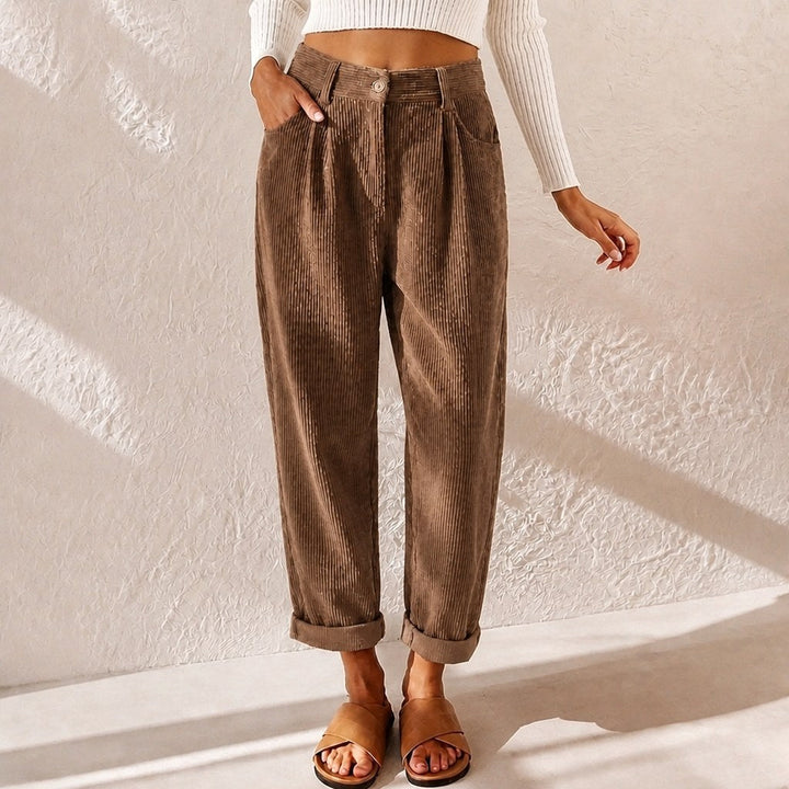 Eliane | Women's High-Waist Wide-Leg Corduroy Trousers, Pleated Front Trousers | Animated Apparel | Blue
