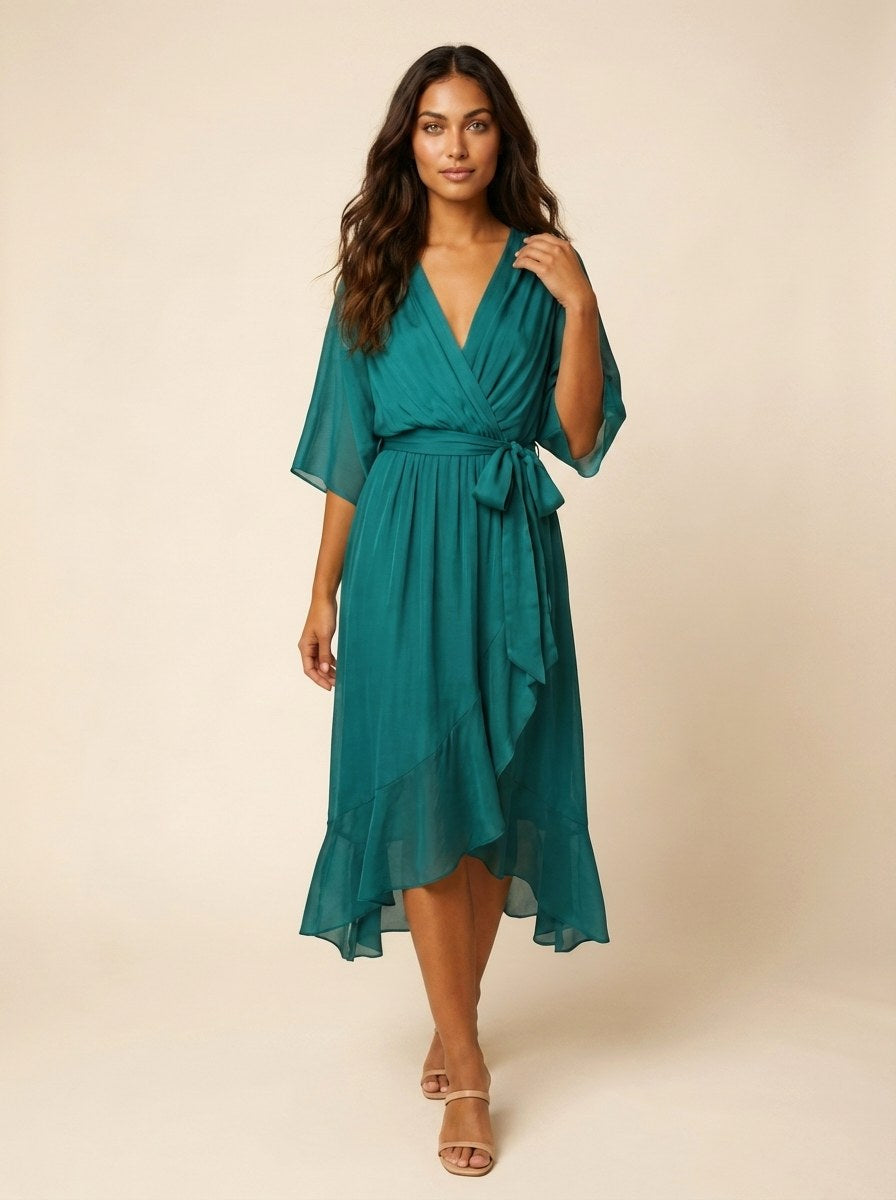 Elin | Women's Flowy Wrap Midi Dress with Belt - Groen