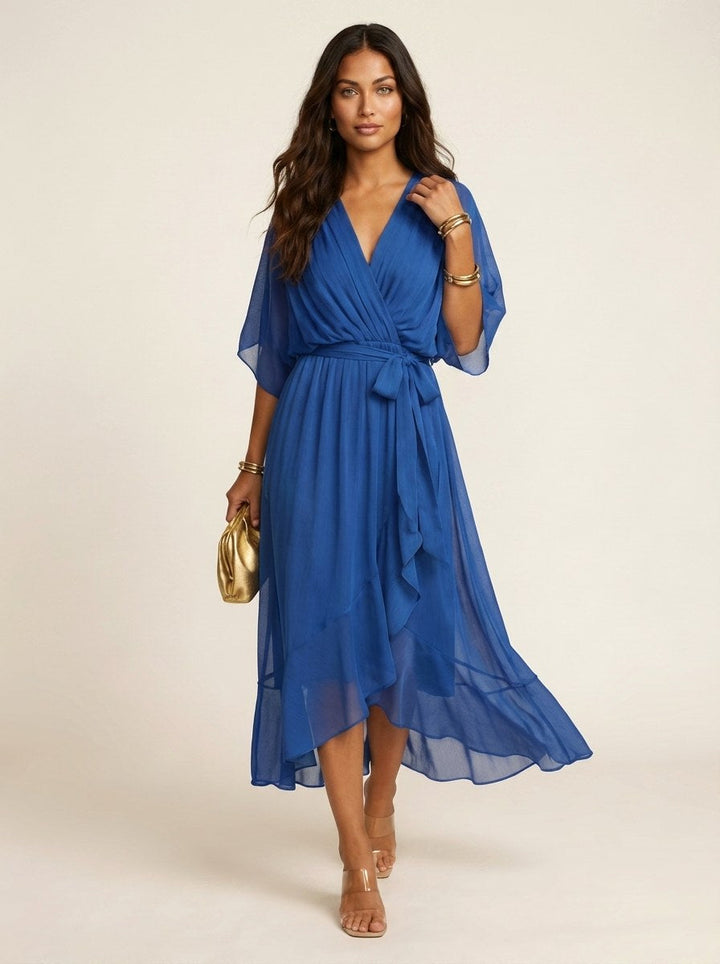 Elin | Women's Flowy Wrap Midi Dress with Belt - Zwart