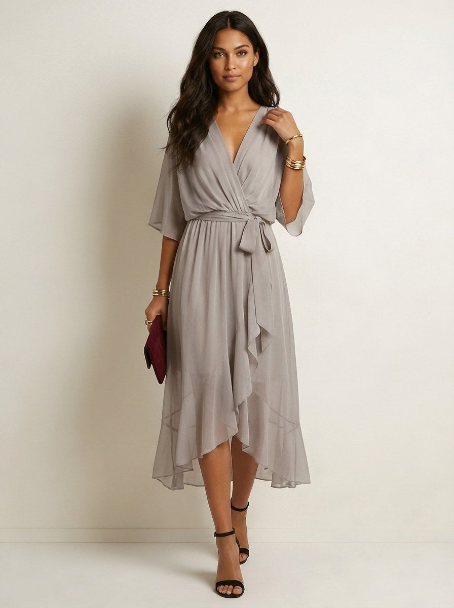 Elin | Women's Flowy Wrap Midi Dress with Belt - Blauw