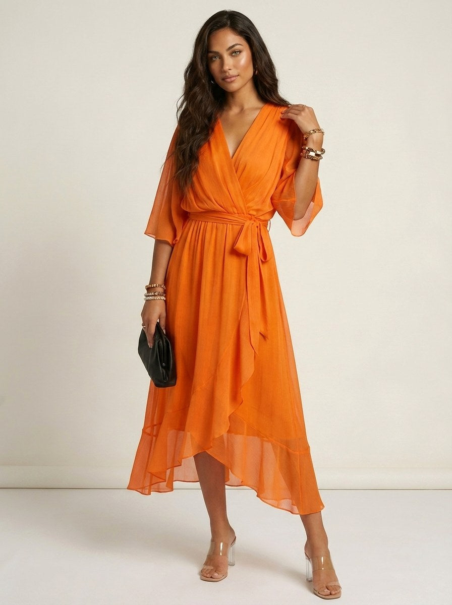 Elin | Women's Flowy Wrap Midi Dress with Belt - Donkerpaars