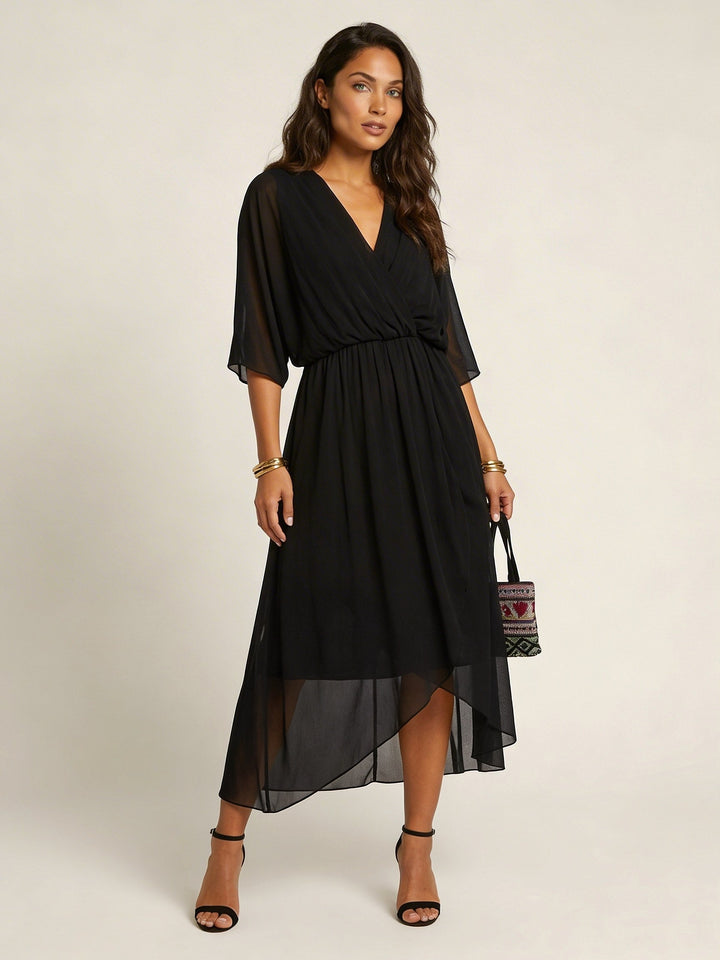 Elin | Women's Flowy Wrap Midi Dress with Belt - Marineblauw