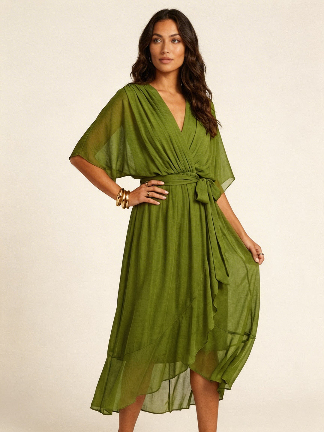 Elin | Women's Flowy Wrap Midi Dress with Belt - Grijs