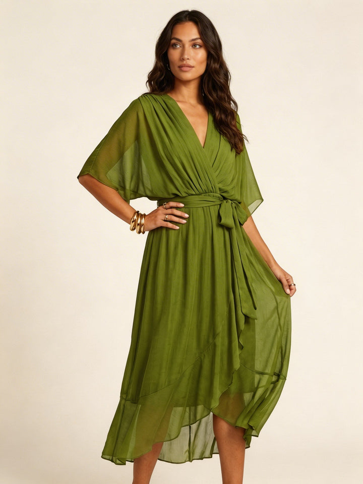 Elin | Women's Flowy Wrap Midi Dress with Belt - Grijs
