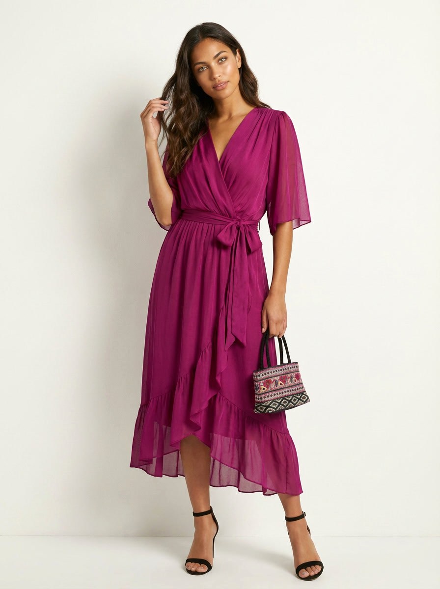 Elin | Women's Flowy Wrap Midi Dress with Belt - Wit