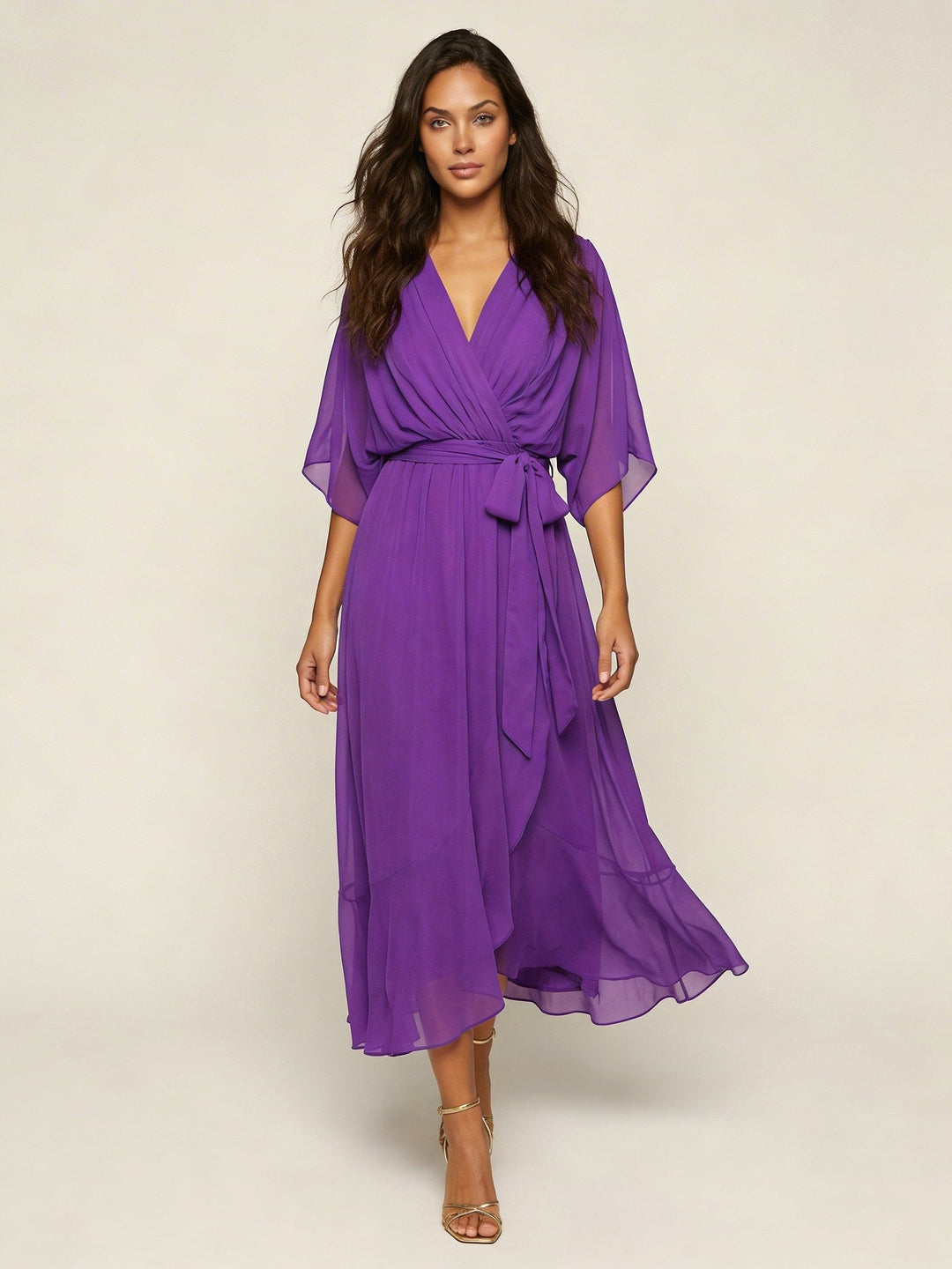 Elin | Women's Flowy Wrap Midi Dress with Belt - Rood