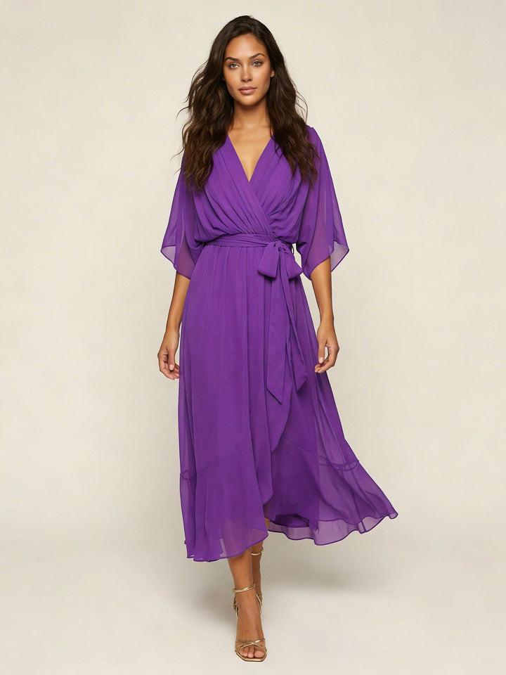 Elin | Women's Flowy Wrap Midi Dress with Belt - Rood