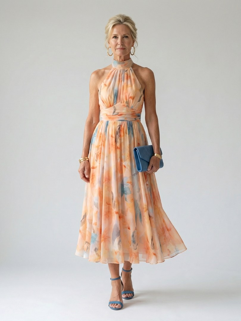 Elin | Women's Halter Midi Dress - Multicolor