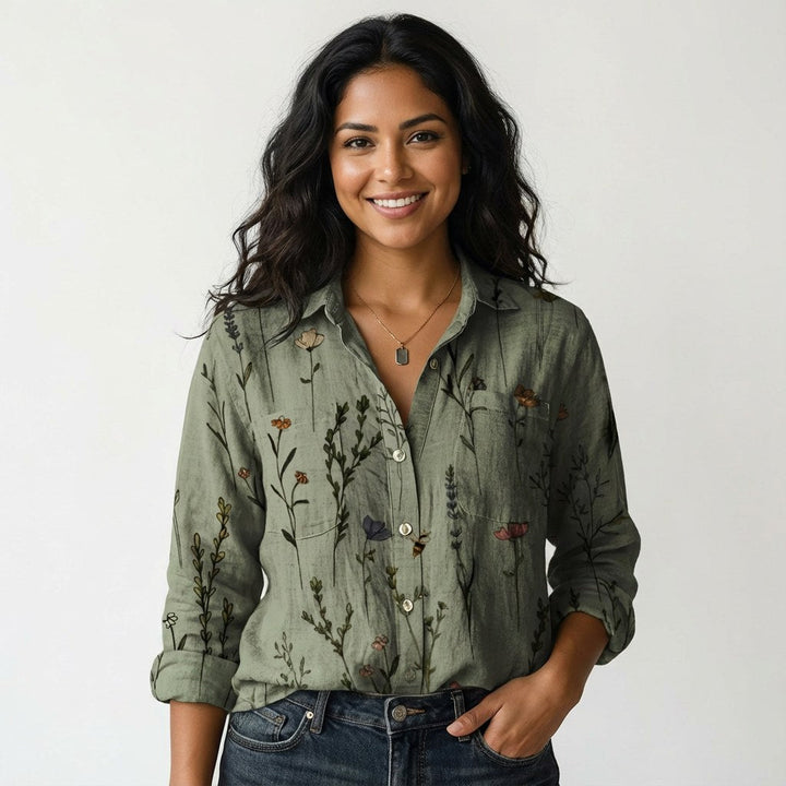 Elina | Women's Botanical Button-Down Blouse - Groen