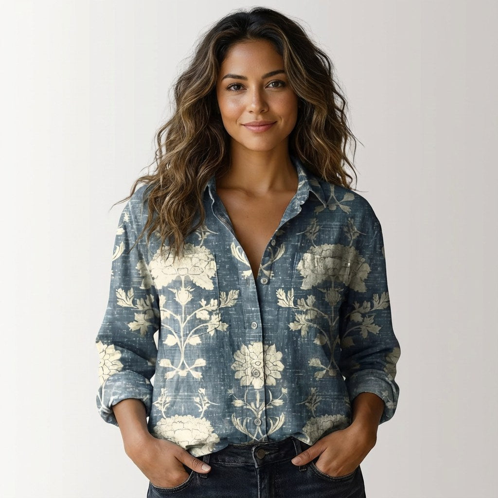 Elina | Women's Botanical Button-Down Blouse - Blauw
