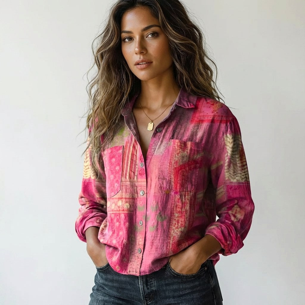 Elina | Women's Botanical Button-Down Blouse - Roze