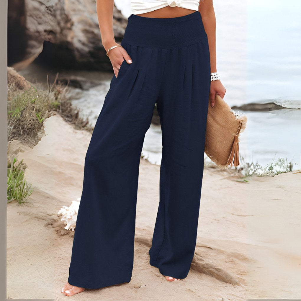 Elina | Women's High-Waisted Linen Stretch Pants - Dunkergroen