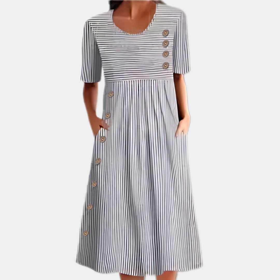 Elina | Women's Striped Button-Front Midi Dress - Grey