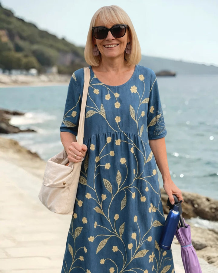 Eliza | Women's Short Sleeve Comfortable Midi Dress - Navy Blue